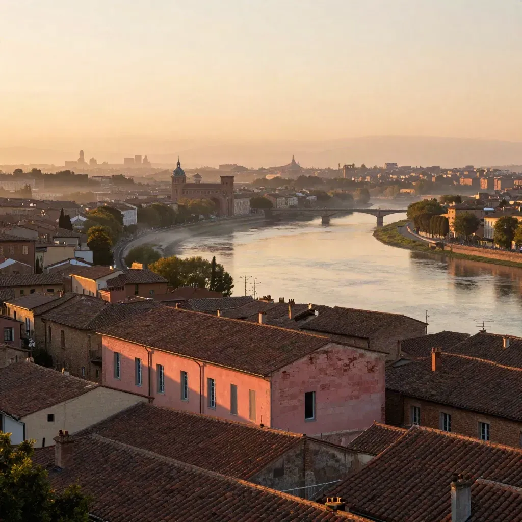 Vue dorée de Toulouse, toits de brique rose et Garonne dans la brume du soir.