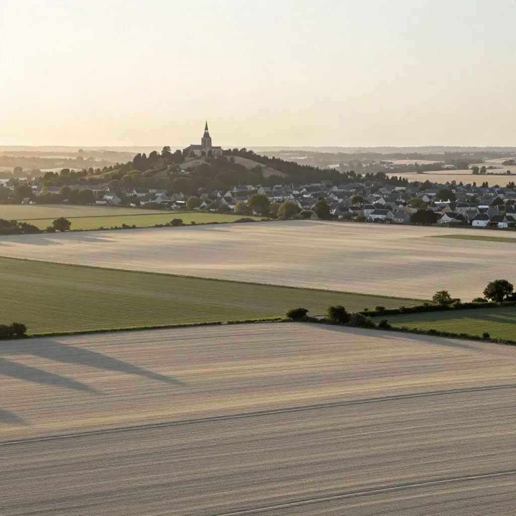 Vue aérienne des champs français avec villages lointains dans une lumière dorée brumeuse.
