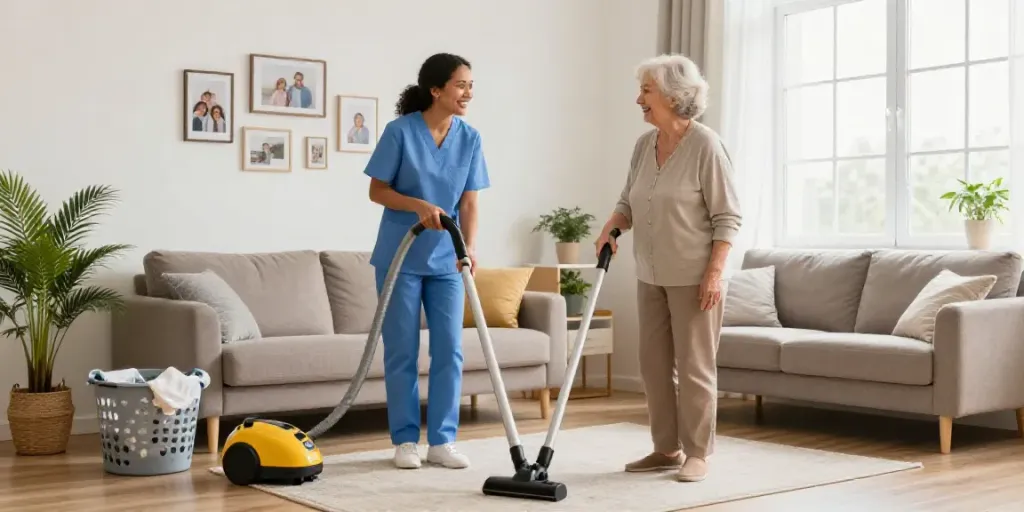 Aide ménagère à domicile assisting an elderly woman in a bright, welcoming living room.