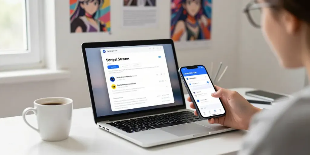 Navigation de Senpai Stream Pour iOS sur iPhone avec café, notes, et lumière naturelle