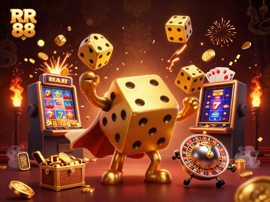 Experience the thrill of RR 88 with vibrant casino elements and energetic characters in a captivating illustration.