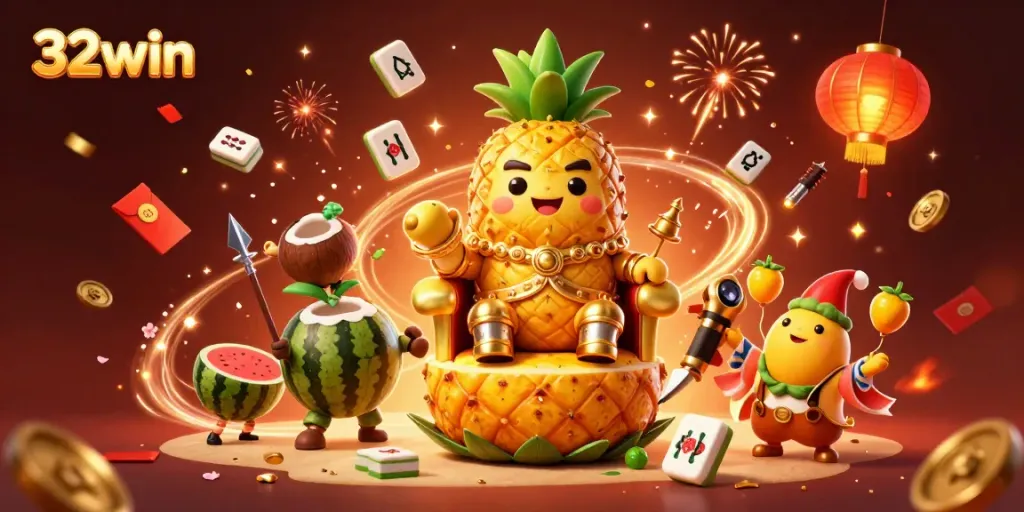 Experience the vibrant world of 32win with this dynamic casino scene featuring cartoon characters and festive elements.