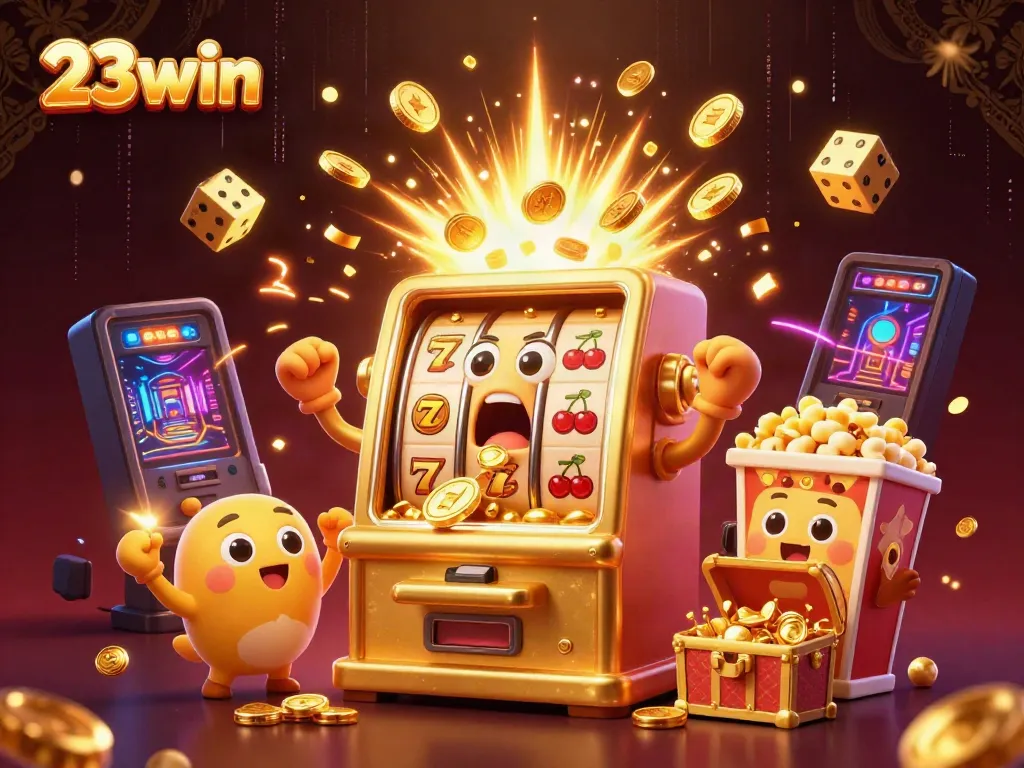 Experience the thrill of winning at 23win with a joyful jackpot scene featuring animated slot machines and exciting game elements.