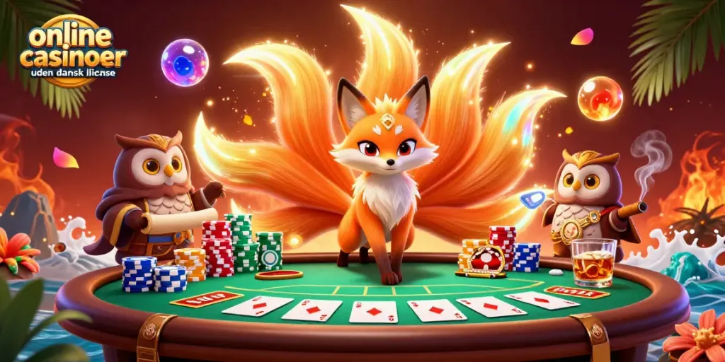 Engage with online casinoer uden dansk licens in a vibrant 3D scene featuring a fox spirit and poker elements.