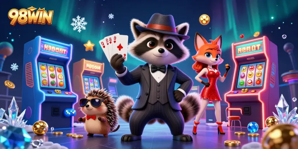 Experience the thrill of 98WIN in a vibrant casino scene featuring animated characters and engaging gaming elements.