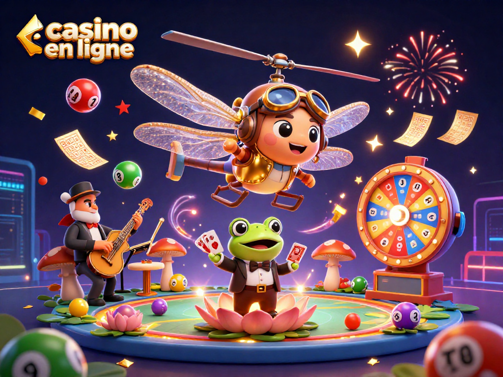 Jouez au casino en ligne avec des cartes, des musiciens et des ballons colorés.