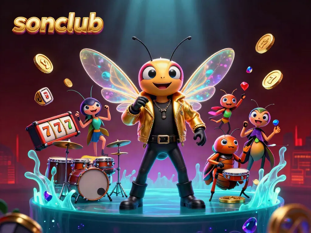 Gather around the sonclub, a vibrant casino scene featuring a rock star cicada, slot elements, and colorful gems.