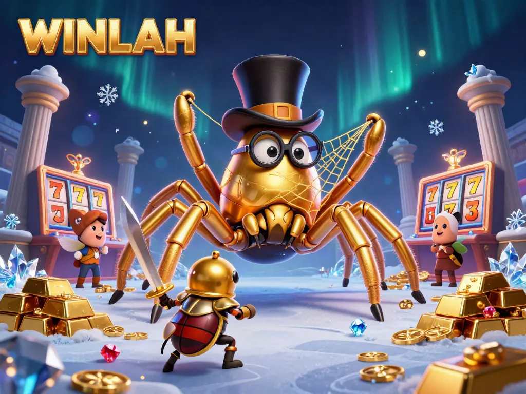WINLAH showcases a thrilling casino scene with a golden tarantula and knight, surrounded by jewels and gold.