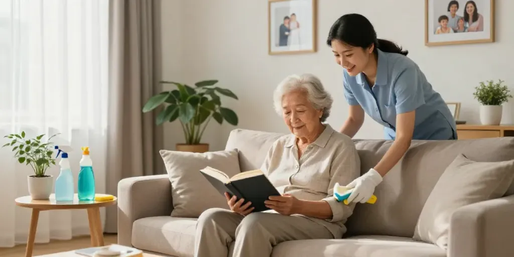 Aide ménagère à domicile aide un senior dans un salon accueillant.