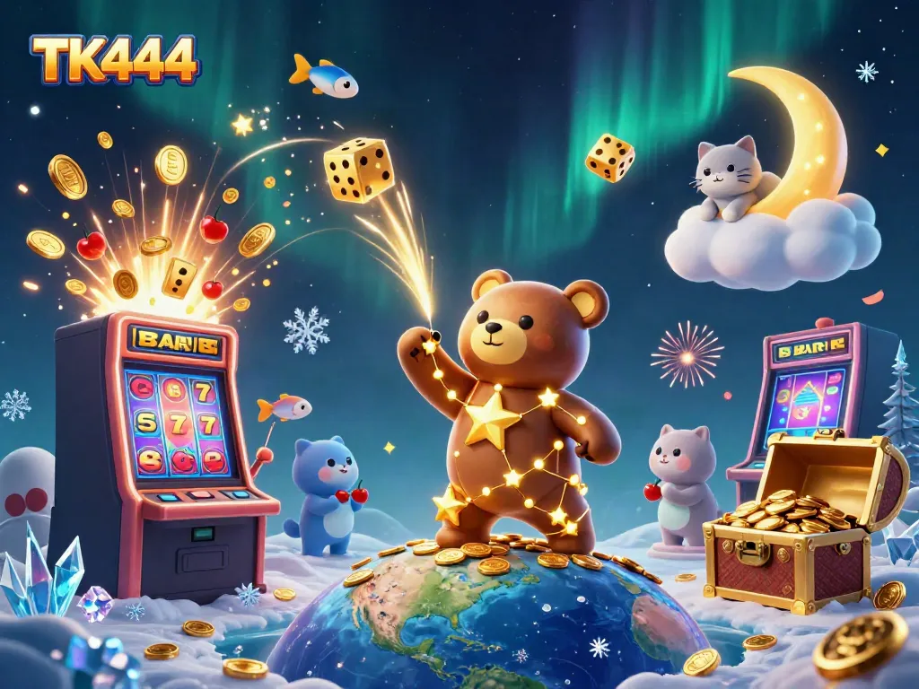 Experience the excitement of TK444 with a constellation bear and slot machine bursting with coins.