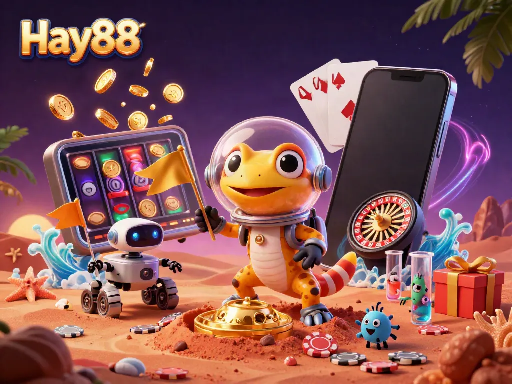 Hay88 Martian gecko uncovers a golden casino in a colorful slot game scene.