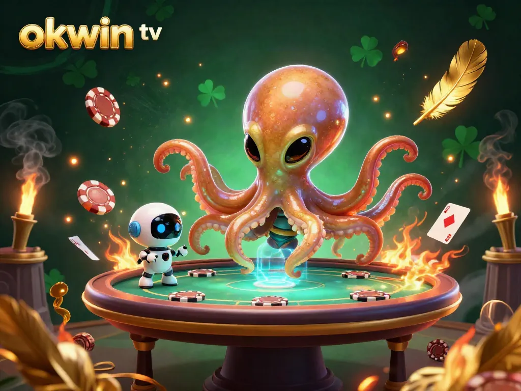 Experience exciting gameplay with okwin tv featuring a cartoon alien octopus at a poker table amidst vibrant casino elements.
