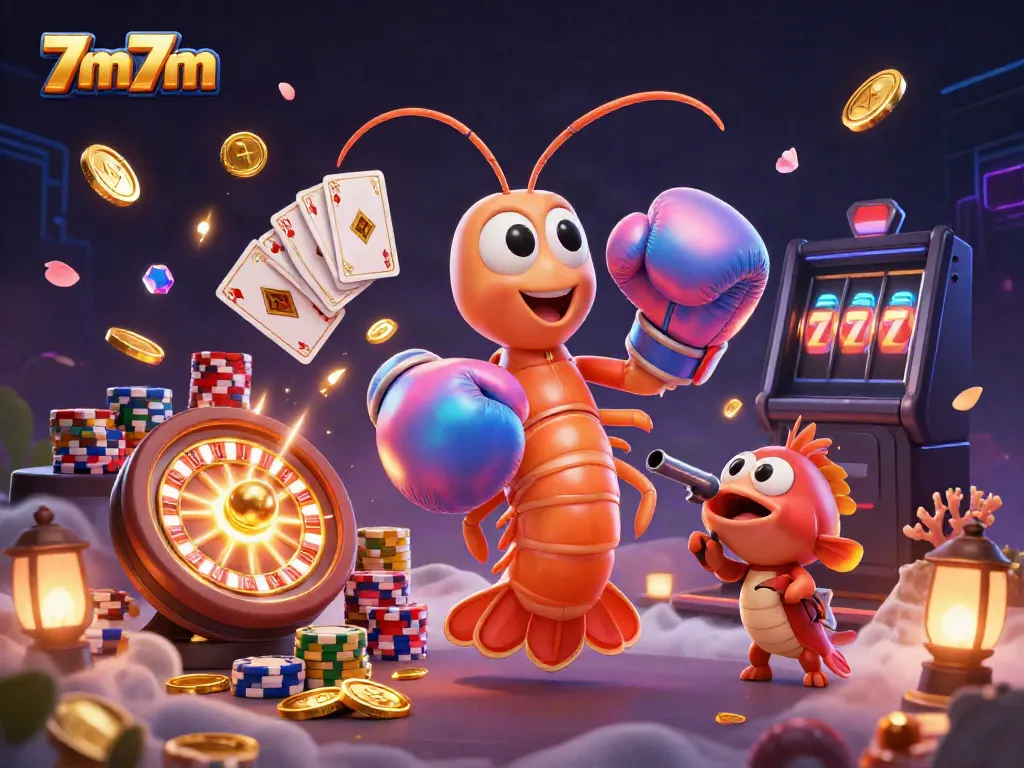 Engage with exciting sports betting action from 7m7m featuring animated shrimp characters in a vibrant casino scene.