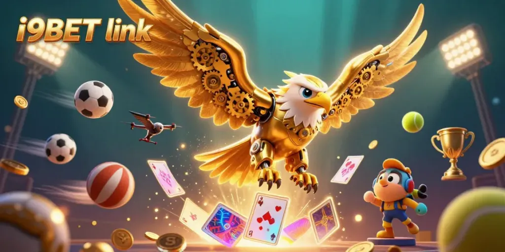 Engage with exciting i9BET link as a golden eagle dives through dynamic sports elements in a vibrant casino atmosphere.