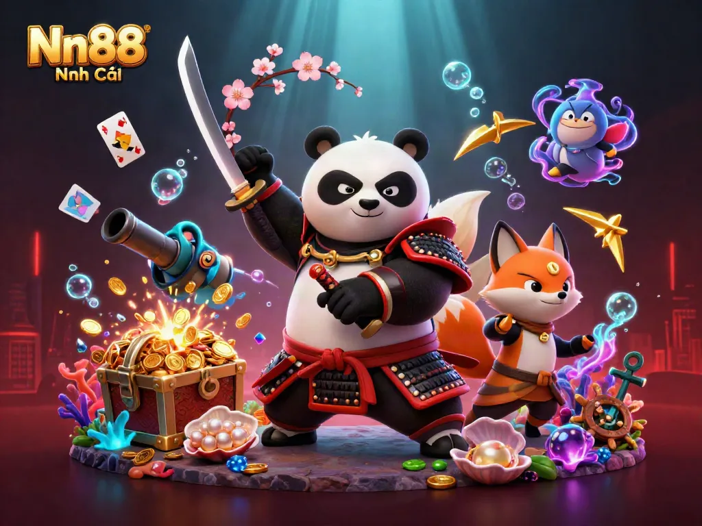 Nn88 Nhà Cái showcases a thrilling scene with a samurai panda, ninja fox, and magical spirit in vibrant casino-themed underwater adventure.