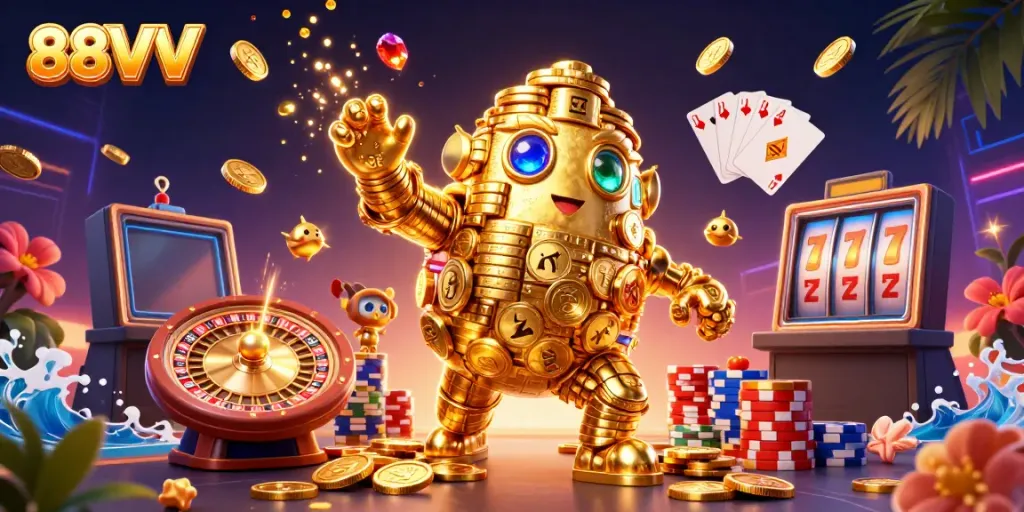 Engage with 88VV's dynamic casino scene featuring a golden coin golem amidst colorful gaming elements.