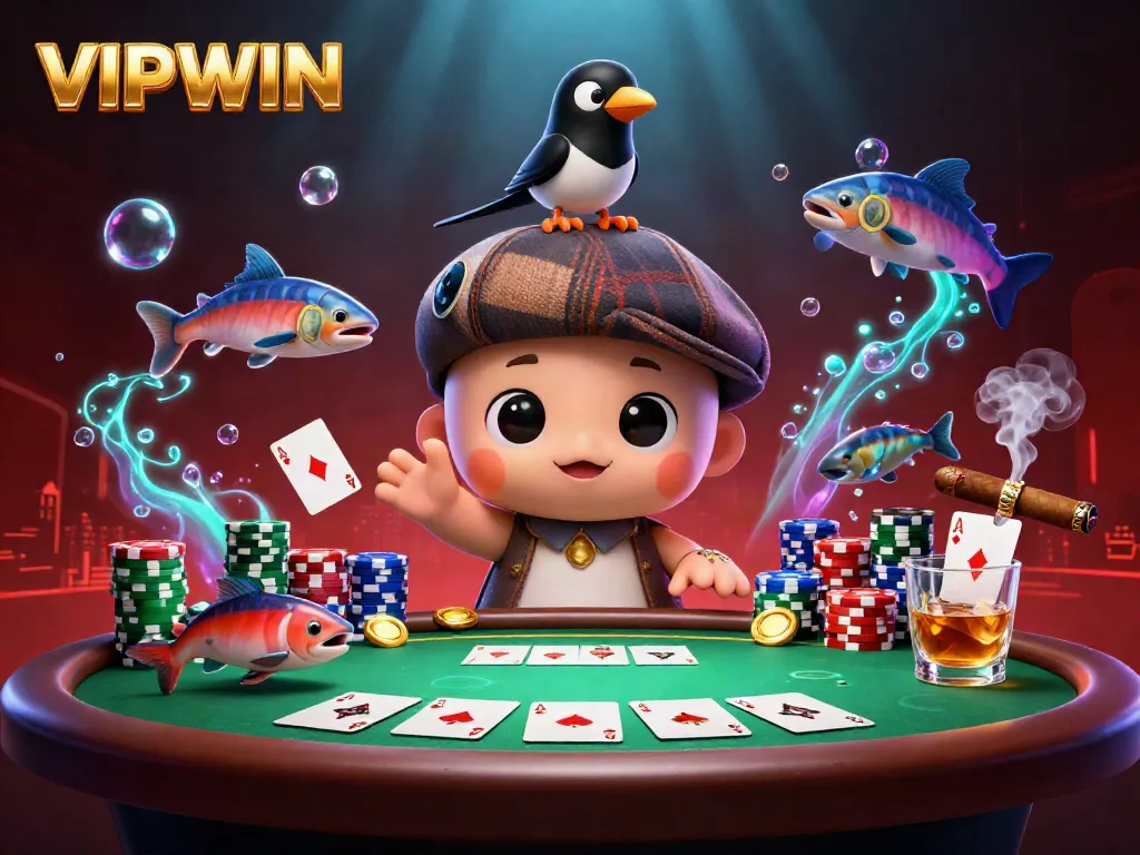 Experience the vibrant world of VIPWIN with a whimsical 3D illustration featuring playful characters amid vibrant gaming elements.