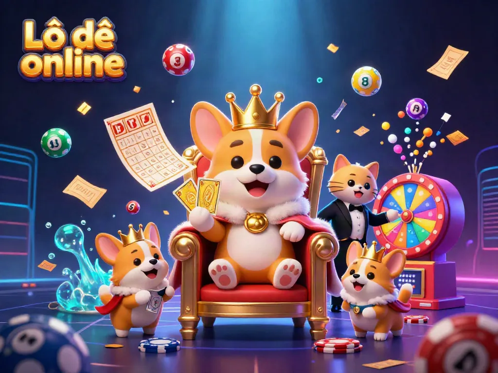 Experience the excitement of Lô đề online with a vibrant casino scene featuring a royal corgi on a throne among colorful lottery elements.