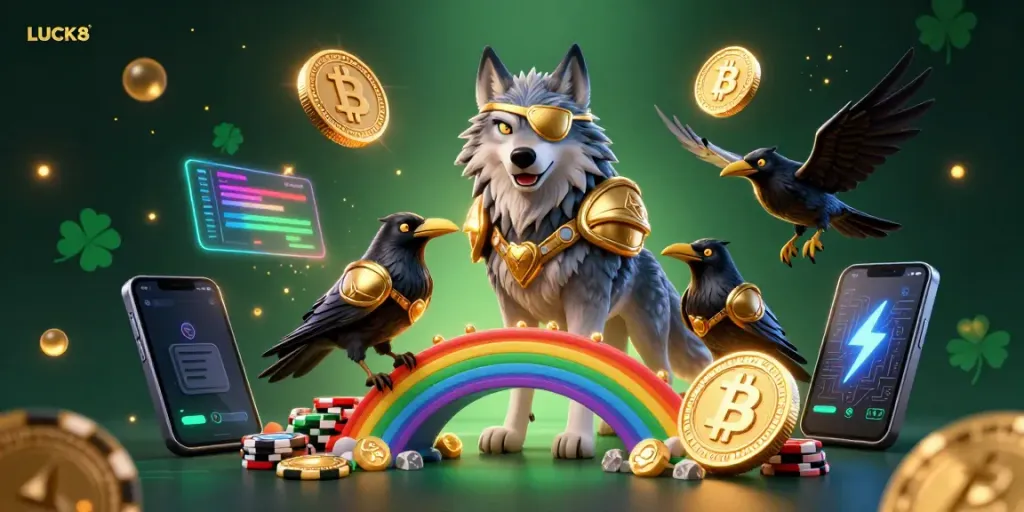 Engage with LUCK8 for a thrilling casino experience featuring mythical elements and vibrant cryptocurrency icons.