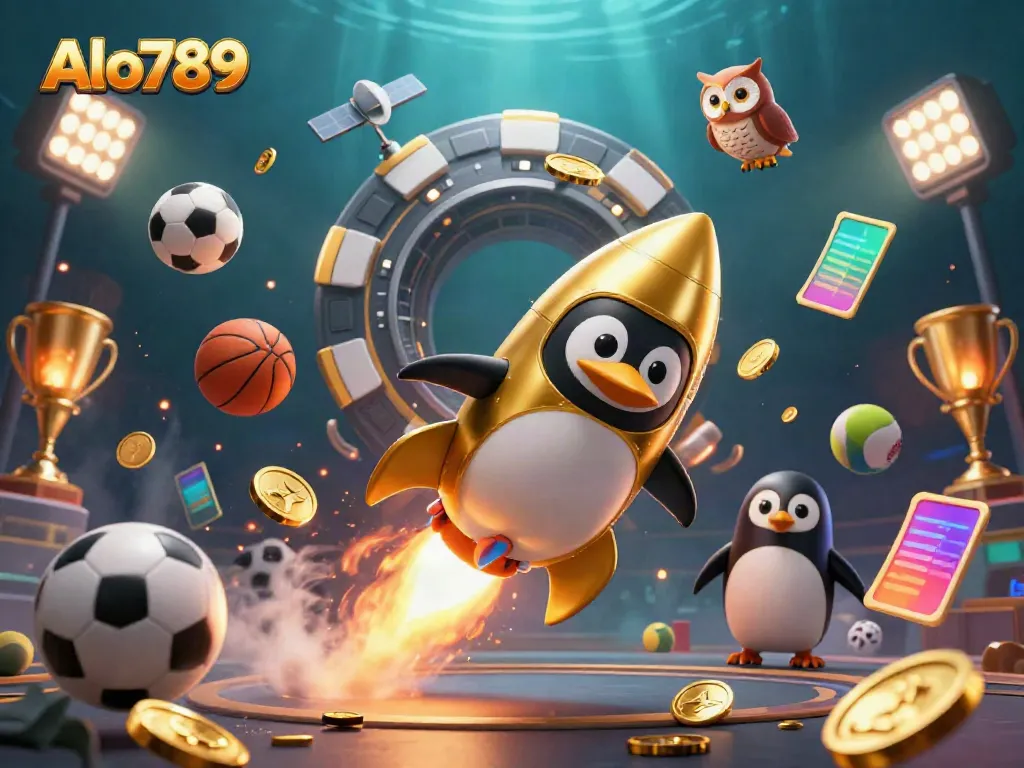 Alo789 showcases a thrilling gambling adventure led by a golden penguin flying towards a casino station, surrounded by vibrant sports elements.