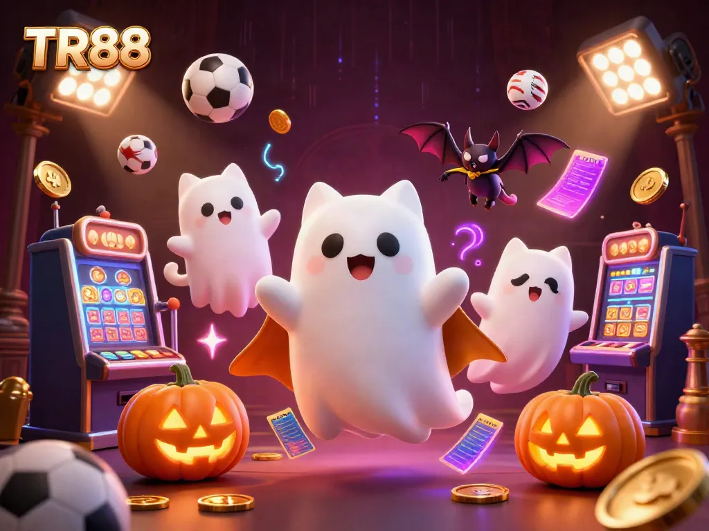 Experience thrilling moments with TR88 as a ghost cat and a bat navigate a vibrant haunted casino.