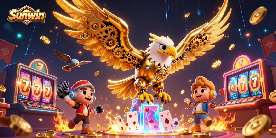 Engage with vibrant Sunwin casino action showcasing a golden eagle amidst digital slot reels and holographic cards.